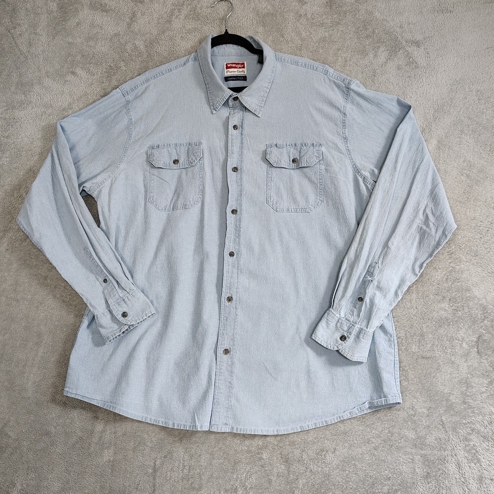 Wrangler Mens sz 2X Textured Denim Shirt‎ Button Up Long Sleeve Pockets Collared